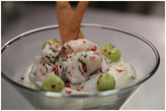 Ceviche de corvina, crema de apio, aguacates de la Axarquia ´Casado Premium´ y pimienta rosa